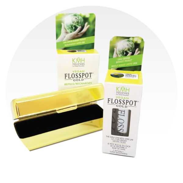 Flosspot Gold Elegance Collection includes 1 package with stainless steel dispenser, 1 package refills, and 1 gold-toned travel case